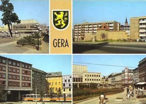 AK, Gera, 4 Abb., u.a. Straßenbahn Johannisstr., 1987