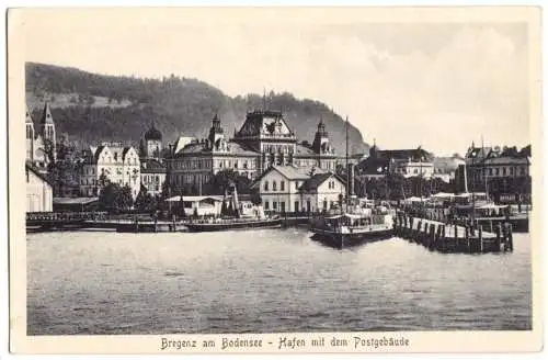 AK, Bregenz am Bodensee, Hafen mit Postgebäude, um 1920