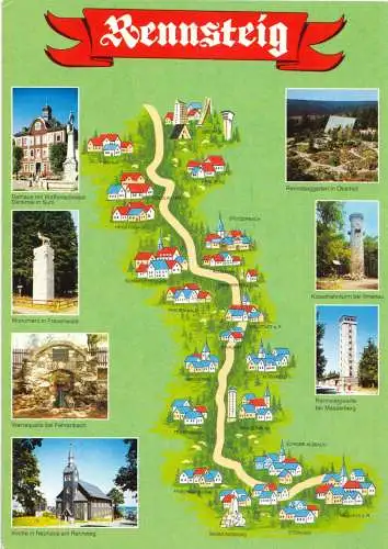 AK, Der Rennsteig, Thüringen, Landkarte mit sieben Abb., um 2000