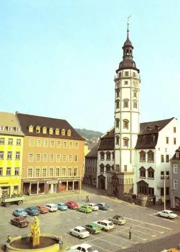 AK, Gera, Partie am Rathaus, zeitgen. Pkw, 1982