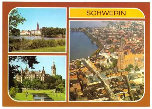 AK, Schwerin, drei Abb., u.a. Luftbildansicht, 1986