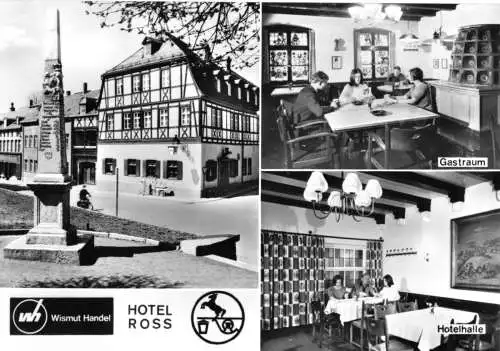 AK, Zwönitz Erzgeb., Wismut Handel, Hotel Roß, drei Abb., 1974