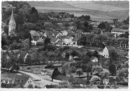 AK, Wiehl im Oberbergischen, Luftbild mit Minigolf und Freibad, 1961