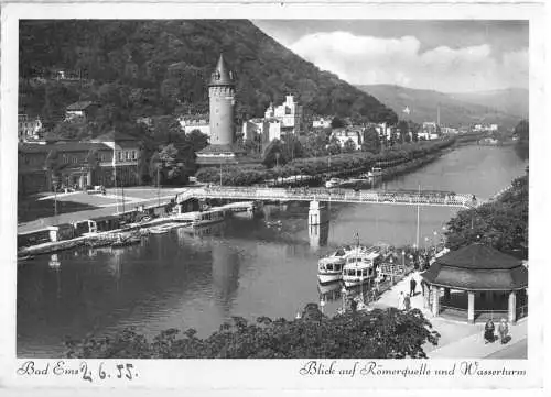 AK, Bad Ems, Bick auf Römerquelle und Wasserturm, 1955