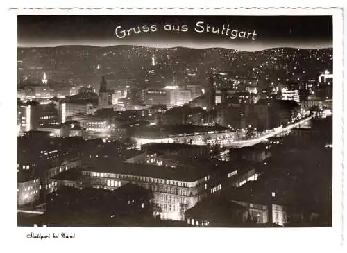 AK, Stuttgart, nächtliche Teilansicht, 1961