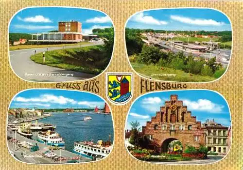 AK, Flensburg, vier Abb., gestaltet, u.a. Grenzübergang, 1964