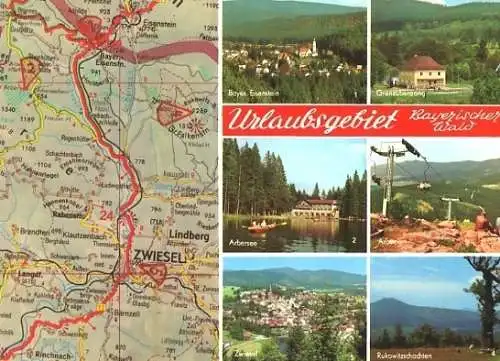 AK, Urlaubsgebiet Bayer. Wald, 6 Abb. + Landkarte, 1975