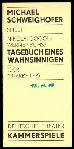 Theaterprogramm, Kammerspiele des DT Berlin, Gogol, Tagebuch eines ..., 1988