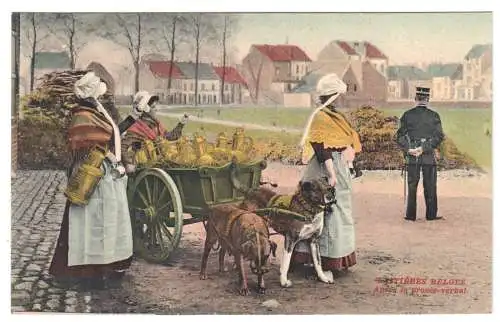 AK, Belgien, Milchbäuerinnen mit Hundekarren, Version 2, um 1914