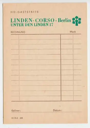 Berlin Mitte, Gaststätte Linden-Corso, Rechnung, blanko, um 1975