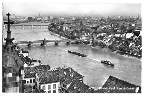 AK, Basel, BS, Teilansicht mit Rheinbrücken, um 1960
