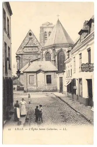 AK, Lille, Hauts-de-France, Straßenpartie mit L'Èglise Sainte Catherine, um 1913