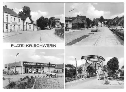 AK, Plate Kr. Schwerin, vier Abb., u.a. Konsum, 1974