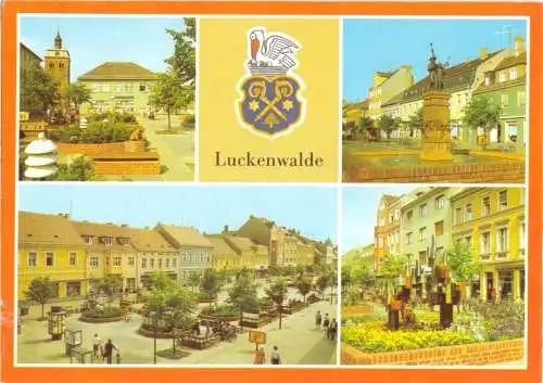 AK, Luckenwalde, vier innerstädtische Ansichten, Wappen, 1983
