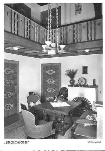 AK, Mittenwald, Fremdenheim Bergschlössl, Diele, 1966