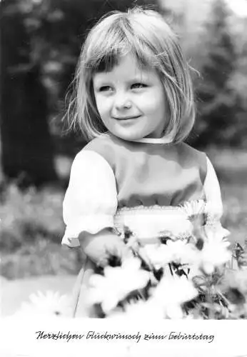 Ansichtskarte, Geburtstag, Mädchenporträt mit Blumen, 1976