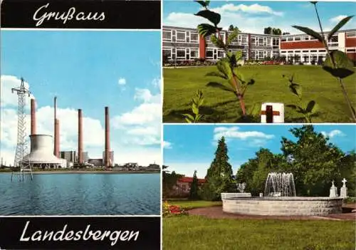 AK, Landesbergen, drei Abb., Kraftwerk, Schule?, Brunnen, um 1975