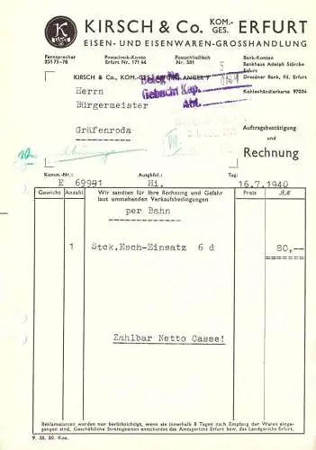 Rechnung, Kirsch & Co KG, Eisen- und Eisenwaren-Grosshandlung, Erfurt, 1940