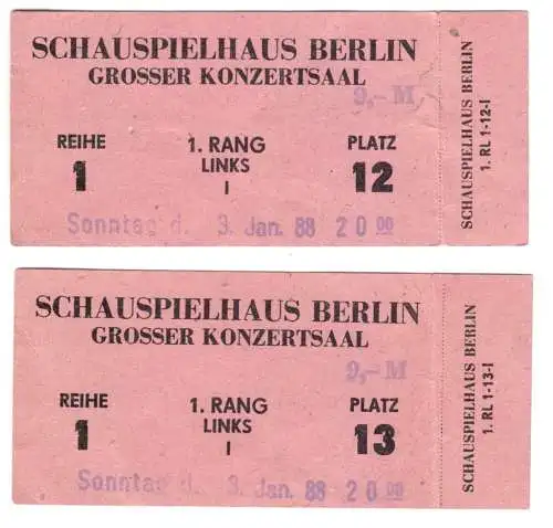 zwei Eintrittskarten, Schauspielhaus Berlin, Grosser Konzertsaal, 3.1.88