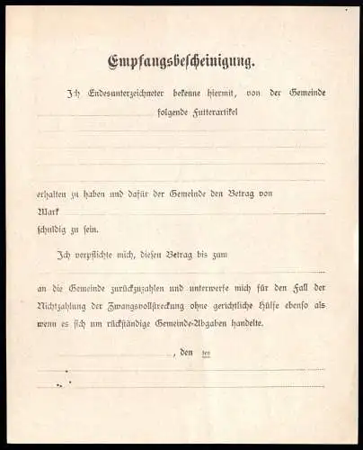 Empfangsbescheinigung über von der Gemeinde erhaltene Futtermittel, um 1912