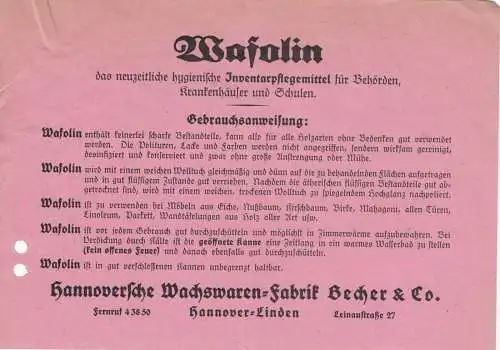 Werbezettel, Hannoversche Wachswaren-Fabrik Becher & Co. für Wasolin, 1930er