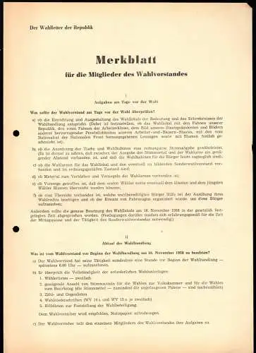 Volkswahl, DDR 1958, Merkblatt für die Mitglieder des Wahlvorstandes