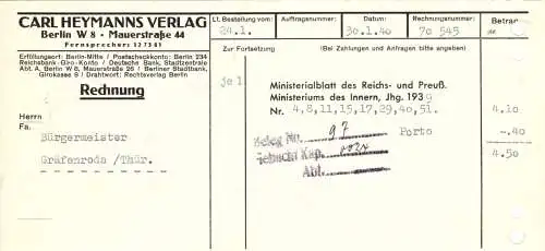 Rechnung, Carl Heymanns Verlag, Berlin W 8, Mauerstr. 44, 30.1.40