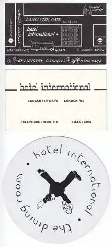 London, Hotel International, Lancester Gate, zwei Hotelkarten, Beilage, um 1990 