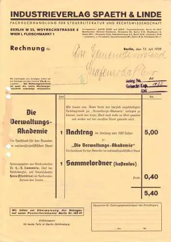 Rechnung, Industrieverlag Spaeth & Linde, Berlin W 35, 12.7.39