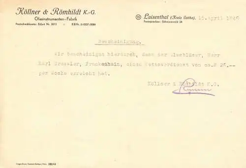 Verdienstbescheinigung, Fa. Köllner & Römhildt KG, Luisenthal, 15.04.1946