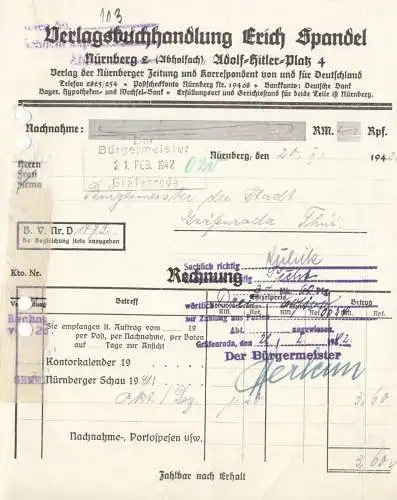 Rechnung, Verlagsbuchhandlung Erich Spandel, Nürnberg, 20.02.1942