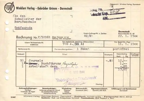 Rechnung, Winklers Verlag, Gebrüder Grimm, Darmstadt, 22.01.1944
