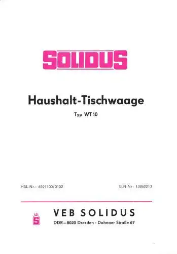 Beschreibung + Garantie, Haushaltstischwaage Typ WT10, VEB Solidus Dresden, 1976