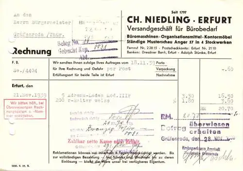 Rechnung, Ch. Niedling, Erfurt, Versandgeschäft für Bürobedarf, 18.11.1939