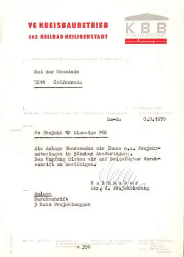 Anschreiben, VE Kreisbaubetrieb Heiligenstadt zu Bauprojekt, 8.3.79