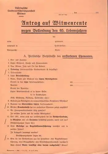 Thüringische Landesversicherungsanstalt Weimar, Antrag auf Witwenrente, 1930