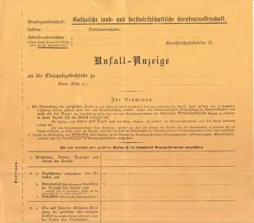 Unfall-Anzeige der Gothaischen land- und forstwirtschaftl. Berufsgenossenschaft