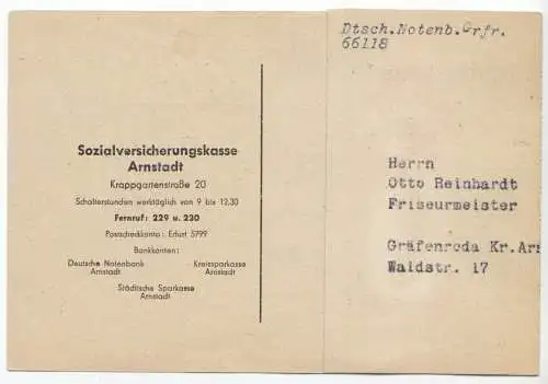 Rechnung der Sozialversicherungskasse Arnstadt, 1950