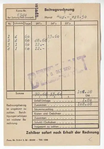Rechnung der Sozialversicherungskasse Arnstadt, 1950