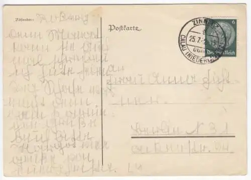 Landpoststempel, Poststelle I, Zinnitz über Calau (Niederlausitz), 25.7.42
