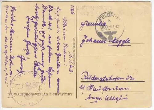 Feldpostkarte II. WK, Dienststelle 13147, o Feldpost 000-3.1.42