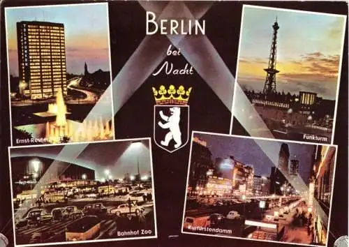 AK, Berlin, Berlin bei Nacht, vier Abb., gestaltet, Wappen, zm 1976