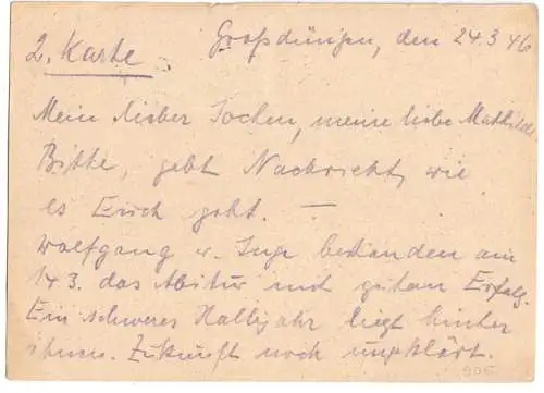 Ganzsache, Brit. Zone, Michel-Nr. P 905 mit Zufr. (2) Bi-Zone 10, 26.3.46