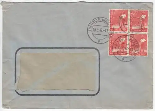 Bedarfsbrief, Einheitsausgaben, Michel  945, Viererblock, Halle (Saale), 6.8.47