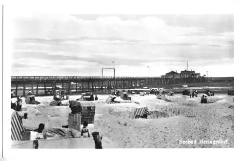 AK, Seebad Heringsdorf Usedom, Strandpartie mit Seebrücke, 1953