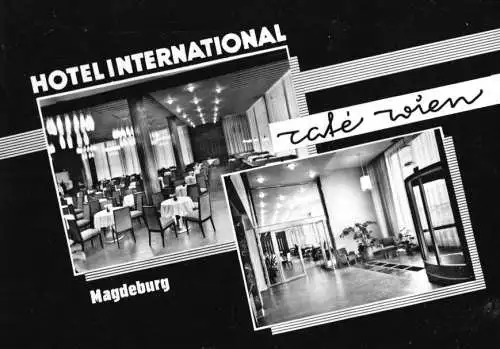 AK, Magdeburg, Hotel "International", Café "Wien", zwei Abb., gestaltet, 1966