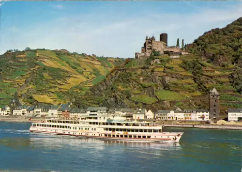 AK, St. Goarshausen, Fahrgastschiff "Loreley" vor Burg Katz, 1980