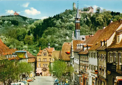 AK, Weinheim a.d. Bergstraße, Marktplatz mit Blick zu den Burgen, 1963