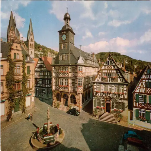 AK, Heppenheim a.d. Bergstraße, Marktplatz mit Rathaus und Goldener Engel, 1969