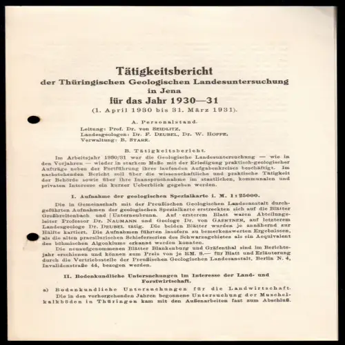 Tätigkeitsbericht der Thüringischen Geologischen Landesuntersuchen Jena 1930/31